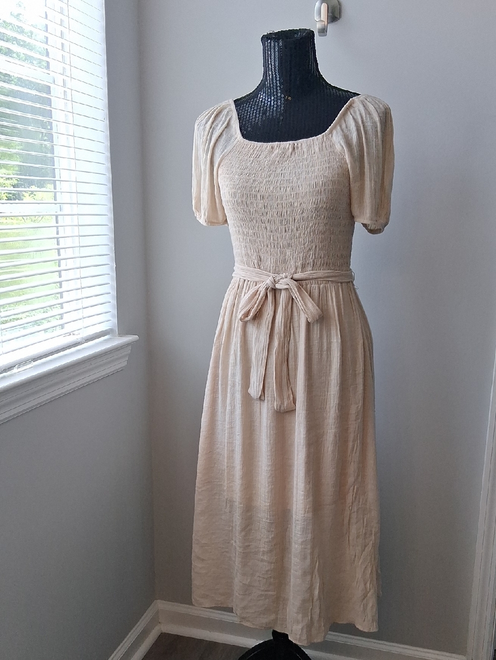 Cream Smocked Midi Dress with Waist Tie